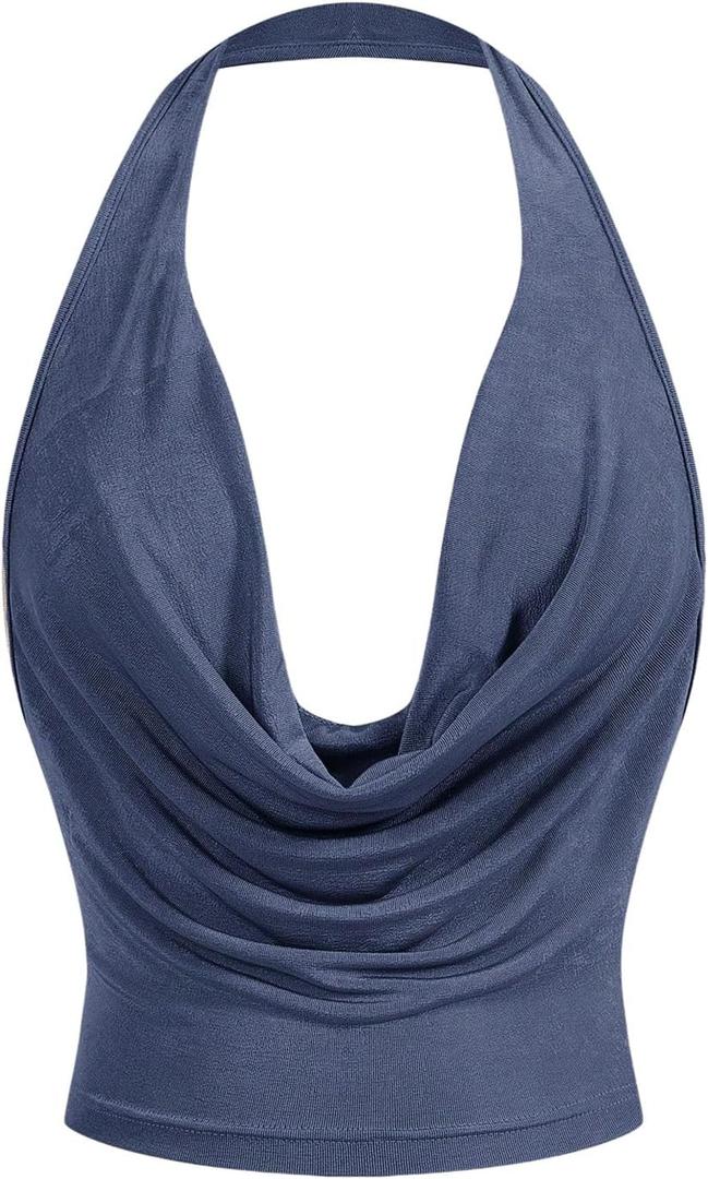 SOLY HUX Women's Cowl Neck Halter Neck Going Out Tops Open Back Sleeveless Y2k Crop Tank Top (Medium)