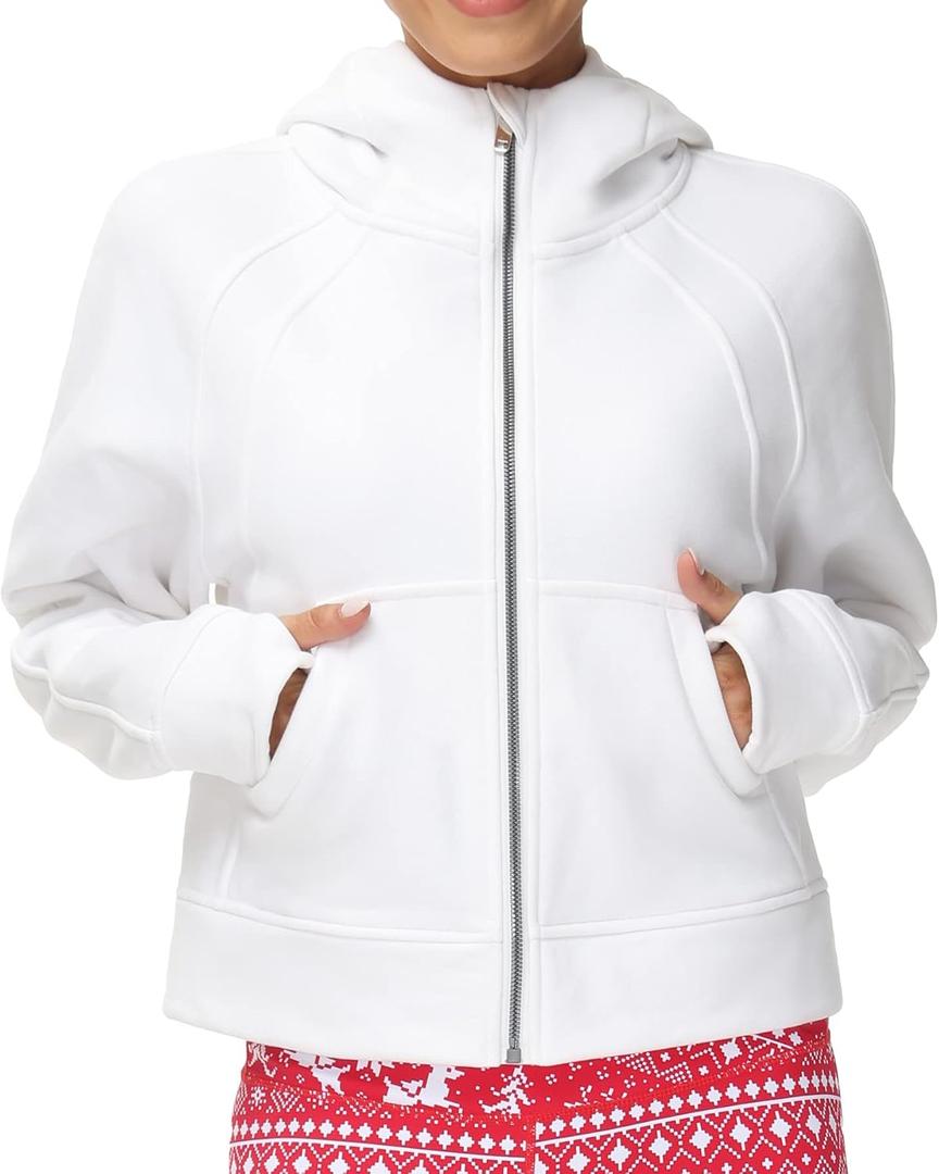 THE GYM PEOPLE Women's Full-Zip Up Hoodies Jacket Fleece Workout Crop Tops Sweatshirts with Pockets Thumb Hole (White), Small
