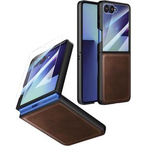 Foluu Leather Case for Samsung Galaxy Z Flip 7 with Front Built-in Screen Protector, PU Leather + Hard PC Shell Ultra Thin Slim Durable Protective Phone Cover for Galaxy Z Flip7 5G 2025 (Brown)