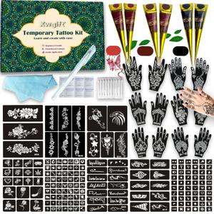 191 Pcs Temporary Tattoo Stencils Kit with 6 Tattoo Cones (2 Black, 2 Brown, 2 Dark Red), White Tattoo Outline Pen, Cotton Swabs & Towel | Perfect for Adults, Teens, Beginners, Family Fun & Parties