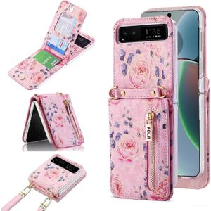for Motorola Moto Razr 2023 Wallet Case with Crossbody Strap, Flower Pattern PU Leather Flip Cover with Card Holder Zipper Flip Protective Phone Case for Motorola Razr 2023 Pink