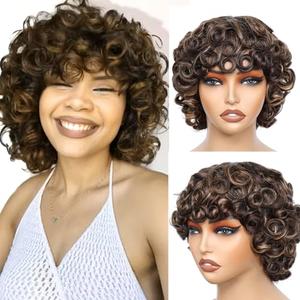 Human Hair Wigs for Black Women Highlight Short Curly Bob Wig Human Hair Fringe Wig Human Hair Glueless Wig with Bangs Short Pixie Cut Curly Wig Fluffy Wave Wig Brown Mixed Honey Blond (P4/27, 10Inch)