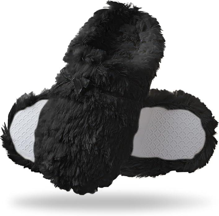 Tofern Women Fluffy Slippers Soft Flannel Memory Foam Slippers Ultra Soft Comfy Warm House Shoes with Mute Anti-Slip Sole for Ladies and Girls (Black), 250mm