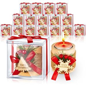 Landhoow 18 Pack Christmas Candles Gifts Bulk with Candle Holders Wooden Tealight Candlestick Xmas Table Centerpieces Votive Candlestick with Merry Christmas Tag Gift Box(Red)