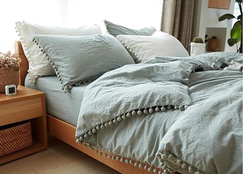 TanNicoor Pom Fringe Duvet Cover Set - 2 Piece Natural Ultra SOFE Color Washed Microfiber Bedding Set, Modern Style Down Comforter Quilt Cover with Zipper Closure(Twin 66*90)