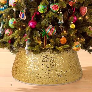 Christmas Tree Collar Burgundy Round Tree Skirt Tree Ring Sparkle Sequin for Christmas Holiday Thanksgiving Home Decor Red Gold