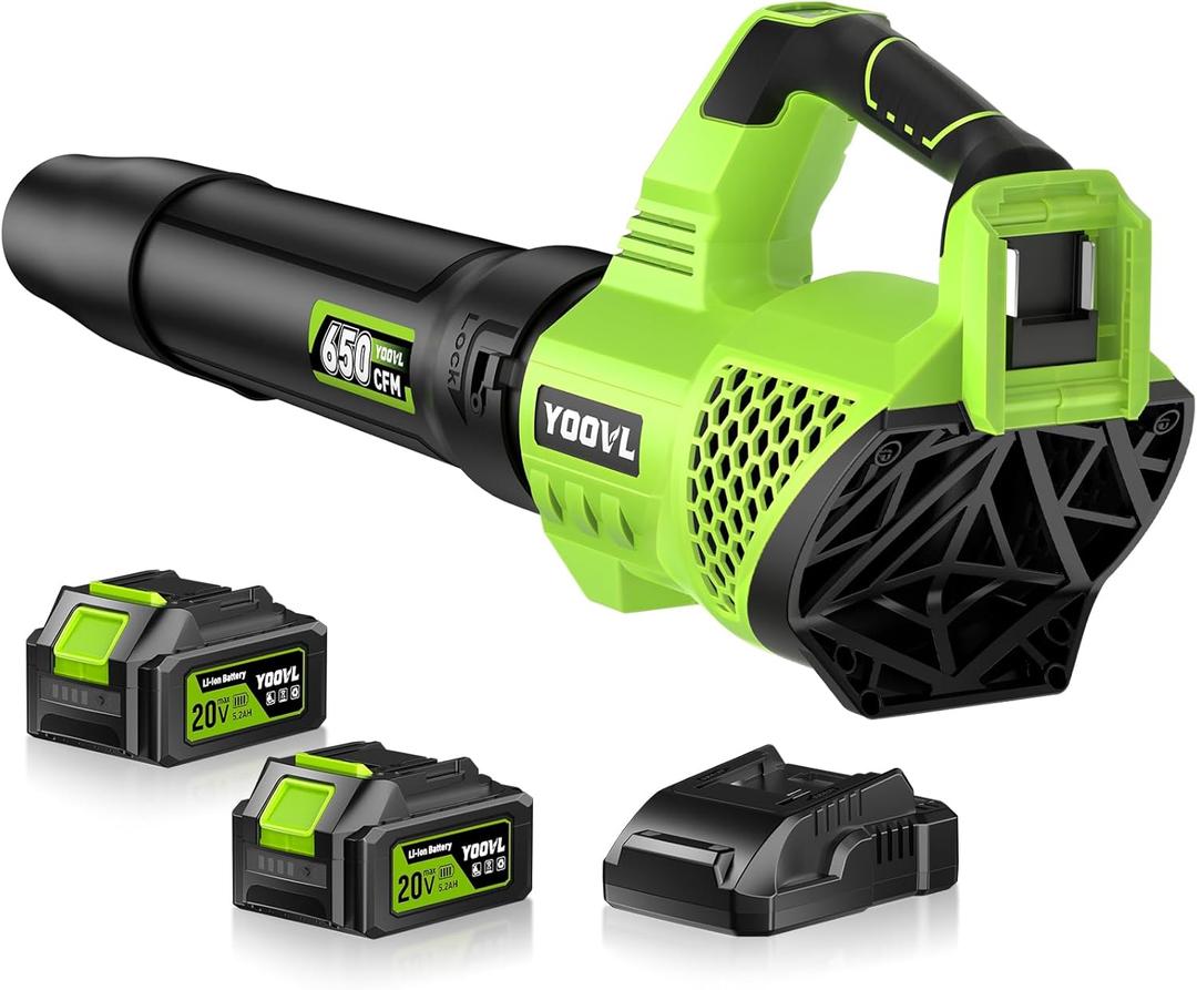 Leaf Blower Cordless, 650CFM Electric Leaf Blowers with 2 x 5.2Ah Batteries and Charger, 3 Speed Modes, 1 x Adjustable Shoulder Strap, Powerful Blowers for Lawn Care, Patio, Dust, Blowing Leaves