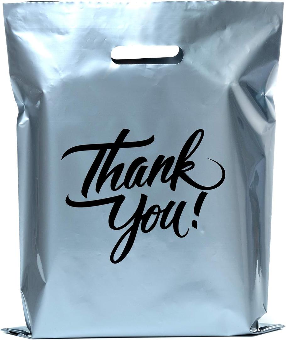 Infinite Pack Thank You Merchandise Bags, Die Cut Handles, Retail Shopping Bags for Boutique - Choose Color & Size (9" X 12", PACK OF 100, Silver)