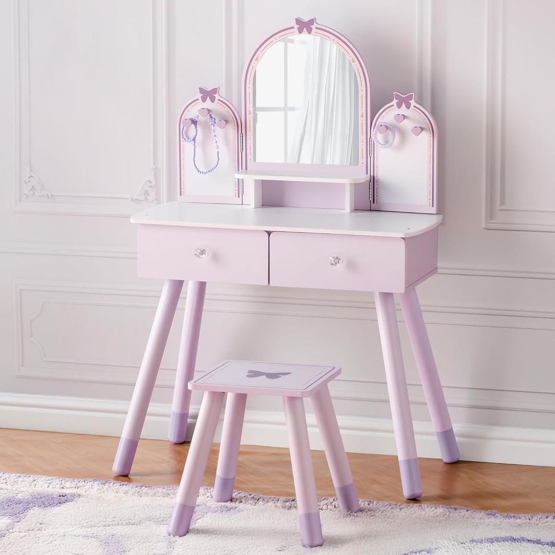 ROBOTIME Purple Kids Vanity Set, Makeup Vanity Desk with Mirror, Chair and Storage Drawers, Little Girl Dressing Table with Stool for Toddlers Ages 3+