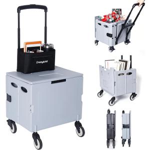 Collapsible Rolling Crate, Folding Utility Cart with 2 Lockable 360 Swivel Wheels & Lid, Portable Shopping Trolley for Grocery, Camping, Teacher, Office