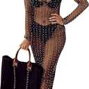 Honganda Sexy Women's Sheer Mesh Pearl Rhinestone Cover Up Dress Beach Swimwear Bikini Bathing Suit Coverups (Black) XL 