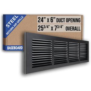 Fits 24x6 Duct Opening | Steel Baseboard Return Air Grille by Handua | Vent Cover Grill | 7/8" Margin Turnback [Depth] to Fit Baseboard | Black | Outer Dimensions: 25.75"W X 7.75 "H