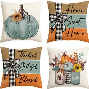 AVOIN colorlife Fall Pumpkin Home Sweet Home Throw Pillow Covers, 18 x 18 Inch Autumn Thankful Grateful Blessed Harvest Floral Decorations for Sofa Couch Set of 4 (Blue)