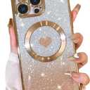 Bonoma Magnetic Glitter for iPhone 12 Pro [ Compatible with MagSafe ], Luxury Love Heart Pattern Plating Bling Clear Case,Camera Protection Sparkly Slim Soft Back Cover for Women Girls,Gold