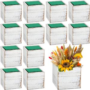 Dandat 12 Sets Wooden Cube Planter Boxes for Centerpiece 4 Inch Flower White Wood Rustic Square Vase with Removable Plastic Liner Floral Foam Block for Garden Wedding Home Arrangement Decor