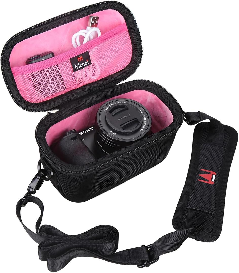 Mchoi Hard EVA Travel Case for Sony Alpha a6000/a6400/a6600/a6100/a5100 Mirrorless Digital Camera (Black and Pink)