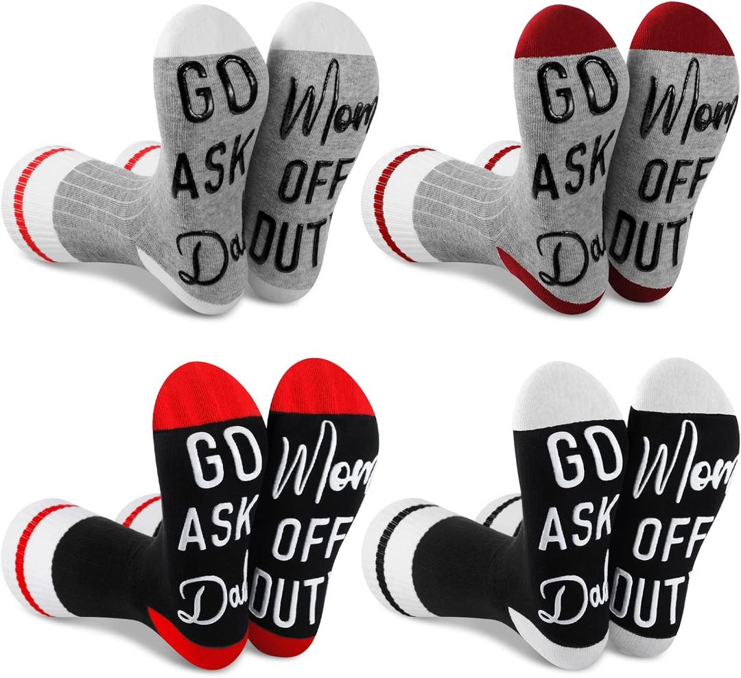 Geyoga 4 Pairs Mother's Day Funny Gifts Socks for Mom - off Duty Socks with Funny Sayings Go Ask Dad Gifts for Women & Mother