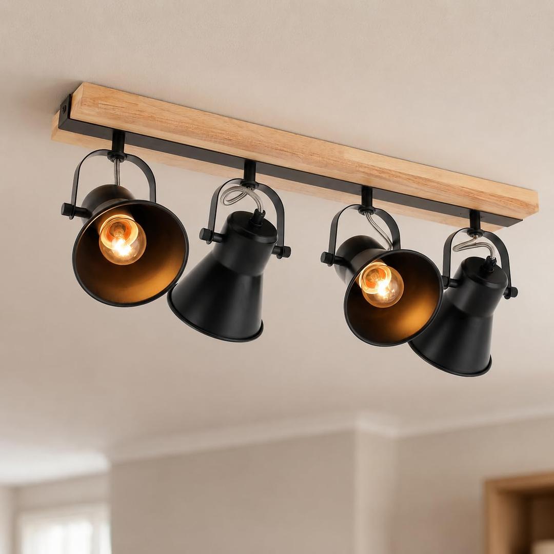 4-Light Wood Track Light with Adjustable Heads for Kitchen Track Lighting