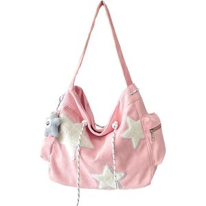 KAMEILONG Star Crossbody Bag Women Corduroy Tote Bag Aesthetic Messenger Bag Cute Shoulder Bag Y2K Hobo Bag (Pink)