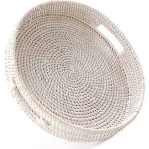 HITOMEN 14.2" Hand-Woven Round Rattan Serving Tray Decorative Ottoman Wicker Platter with Handles for Coffee Table, Breakfast, Drinks, Snack, Bread, Fruit, Vegetables (Whitewash-L)