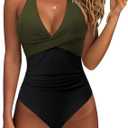 SUUKSESS Women Sexy Tummy Control One Piece Swimsuits Halter Push Up Monokini Bathing Suits (Green Black, XL)