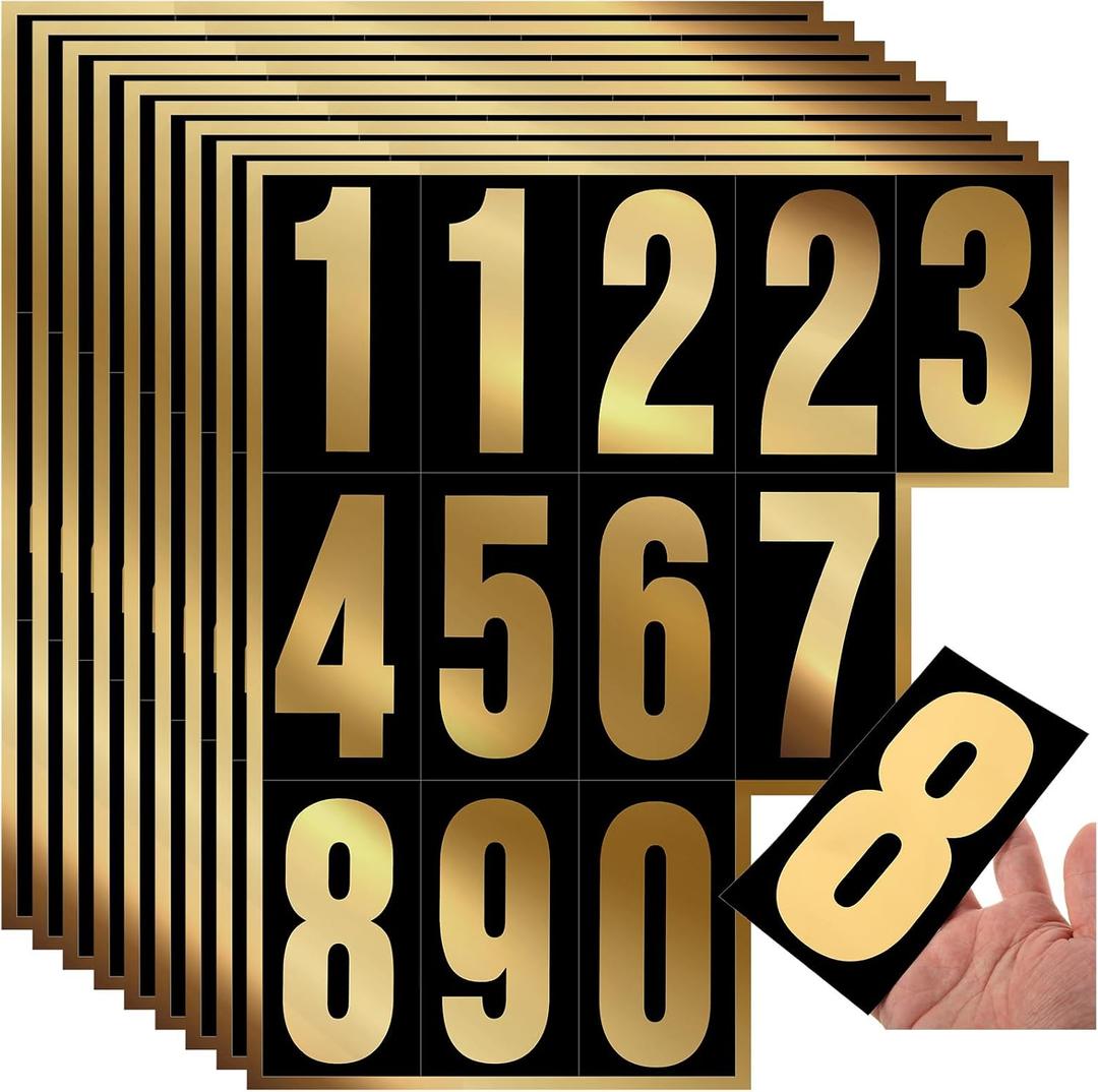 Tenare 96 Pieces 8 Set Mailbox Numbers Vinyl Waterproof Numbers 0-9 Self Adhesive Reflective for Outside Signs Door Trucks Address Trash Cars Home Business(6 Inch,Gold in Black)