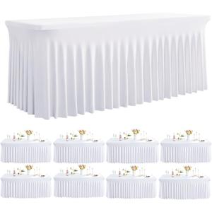 Outpain 8ft Spandex Table Cloth for Standard Folding Tables-8Pack White Table Cloth Table Protector for Party, Wedding, Cocktail, Banquet, Festival