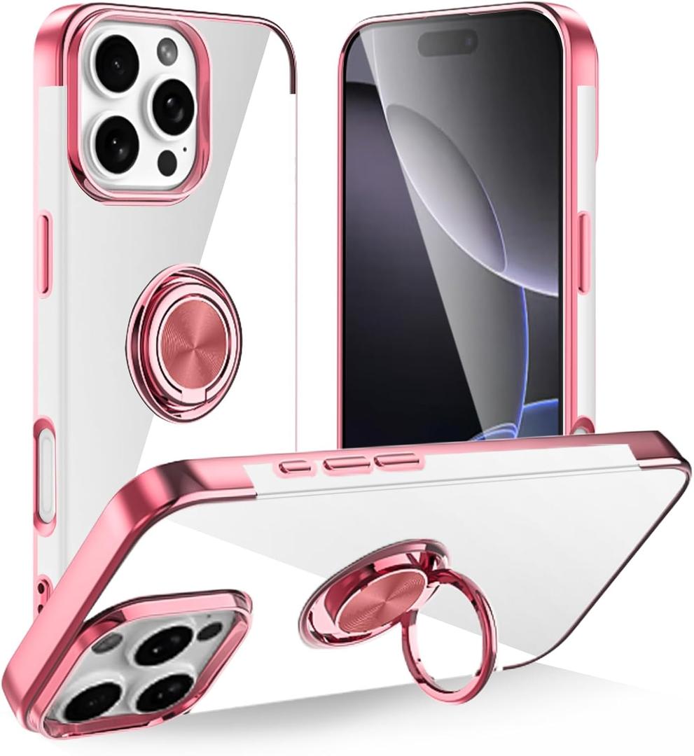 Tnarru Designed for iPhone 16 Pro Clear Case with Stand [Magnetic Ring Holder Kickstand] Soft TPU Bumper Non-Yellowing Anti-Scratch Lightweight Slim for iPhone 16 Pro Case Pink