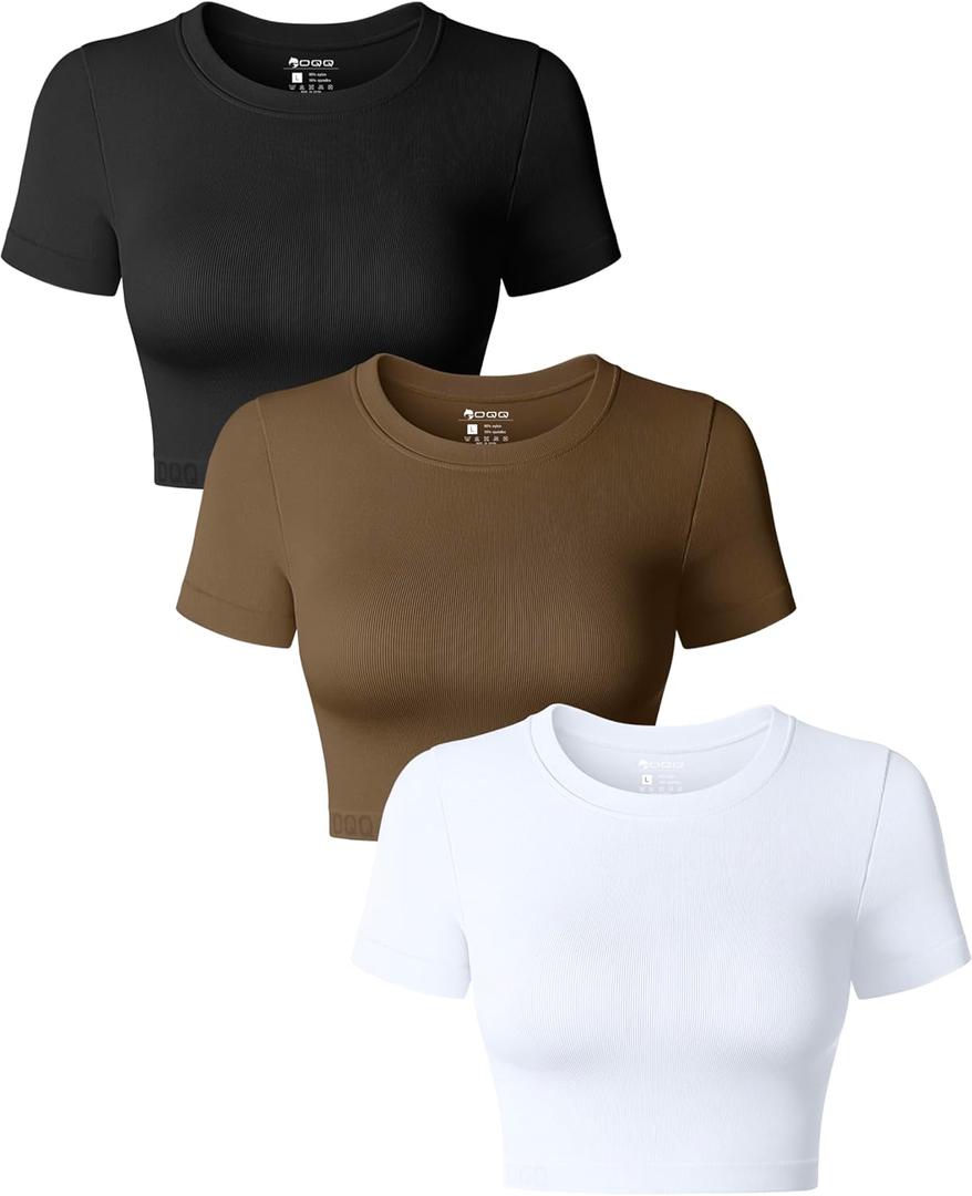 OQQ Women's 3 Piece Crop Tops Crew Neck Shorts Sleeve Stretch Fitted Shirts Crop Tops (Black, Coffee, White), S