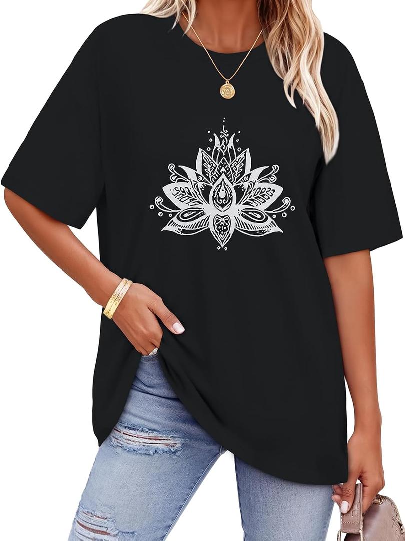 ADOREJOY Oversized Tshirts for Women Crewneck Summer Graphic Tees Short Sleeve Loose Basic Tops 2026 (Black, XL)
