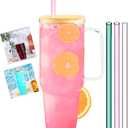 40oz Glass Tumbler, 3 Glass Straws, Natural Lid, Slender Handle, Elevate Your Style, Coffee Cup, Water Bottle, To Go, Reusable, All Natural, No Plastic