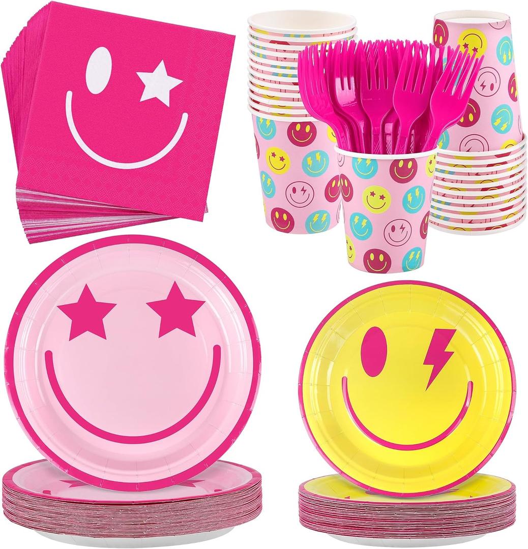 144 Pieces Preppy Smile Party Tableware Sets Including Disposable Plates Napkins Cups Forks Serves 24 for Smile Face Party Birthday Baby Shower Decor Party Supplies