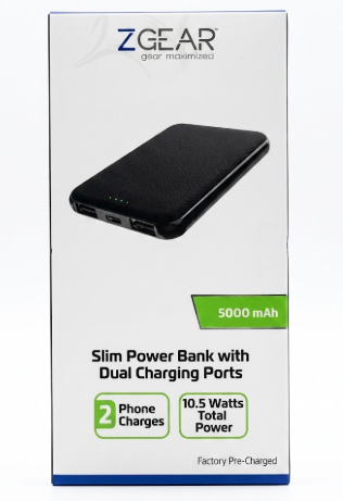 ZGear 5000 mAh Slim Dual Charging Port Power Bank - Black
