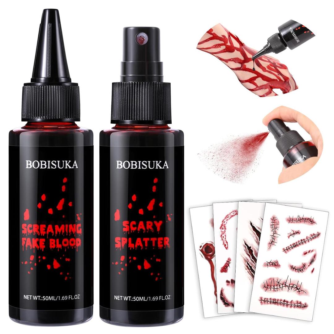 BOBISUKA Halloween Fake Blood Kit, 1.76oz Blood Spray + 1.76oz Dripping Blood + 4 Scar/Wound Face Tattoos, Realistic Washable Fake Blood Makeup for Clothes Zombie Vampire Monster SFX Costume Cosplay