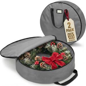ZOBER 2 Pack Oxford Christmas Wreath Storage Container 36 Inch - Wreath Bag for Artificial Wreaths Box - Waterproof Fabric, Dual Zippered Wreaths Storage Bag With Strong Durable Handles - Gray