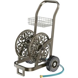 GOFORWILD Garden Hose Reel Cart with Wheel, Hold up to 200 Ft of 5/8" Hose, Heavy Duty Steel Frame Water Hose Reel Cart with Storage Basket, Mobile Hose Reel for Outside Garden Lawn Yard