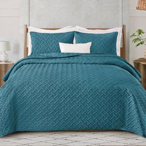 Exclusivo Mezcla Soft Quilt Set King Size, 3 Pieces Lightweight Quilts Teal Bedspreads Coverlets Bedding Set for All Seasons, Weave Pattern (King (106"x96"))
