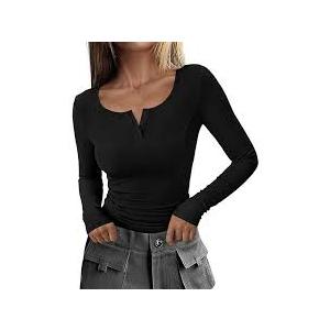 Womens Long Sleeve Henley Shirts for Women Button Ribbed Knit Shirt V Neck Tops Fit Slim Casual Basic Blouses (Black,M)