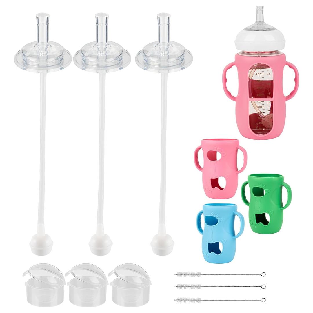 Straw Cup Conversion Kit with Silicone Sleeves for Avent Natural Glass Baby Bottle 8oz, Toddler Sippy Cups Transition Kit with Handle &Straw Nipple & Weighted Straw 3-Pack8m+