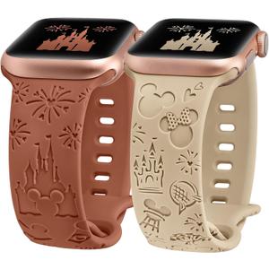 2 Packs Cartoon Engraved Band Compatible with Apple Watch Band 38/40/41/42/ 44/45/ 46/49mm Women, Cute Designer Soft Silicone Strap for iWatch Series 11 10 9 8 7 6 5 4 3 SE/Ultra 3 2 1 (Walnut & Brown)