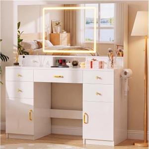 COMHOMA Vanity Desk with 3 Way Mirror and Lights, Large Makeup Vanity Table Set with Charging Station, 3 Lighting Modes & 360-Degree View Mirror, 7 Drawers Dressing Table for Women Girls Bedroom, White