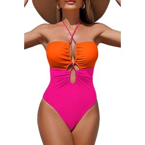 Women's One Piece Swimsuit Tummy Control Bathing Suit Sexy Flattering Cutout Criss Cross Swimwear Orange, Pink Large