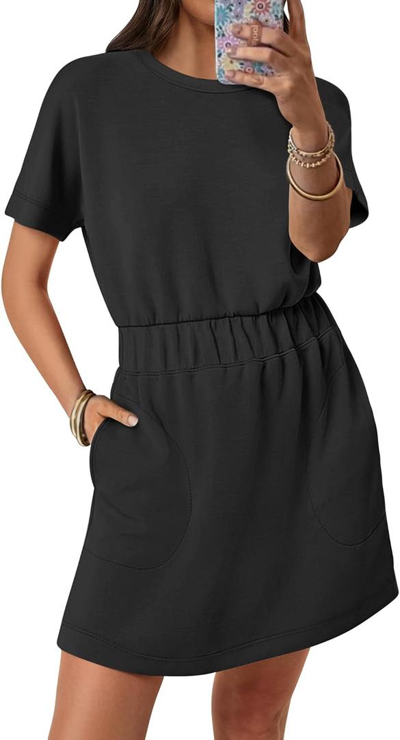 ANRABESS Womens Dresses 2025 Summer Casual Short Sleeve Crew Neck Elastic Waist Mini T Shirt Dress with Pockets (Medium, Black)