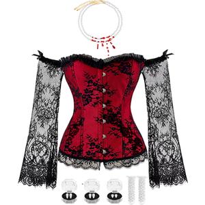 6pcs Halloween Women Vampire Corset Costume Set Gothic Corset Top Necklace Fangs for Renaissance Halloween Cosplay Events (M)
