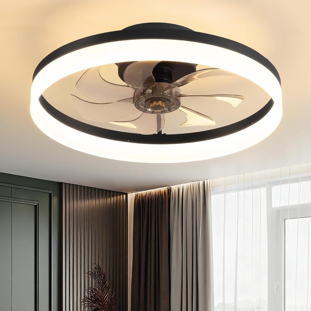 PUSU 15.8" Low Profile LED Ceiling Fans with Light, Reversible Flush Mount with Remote and 6 Winds Speeds Fan Lighting, 3 Colors Dimmable for Bedroom, Garage, Kids, Dinning Room, Kitchen (Black)