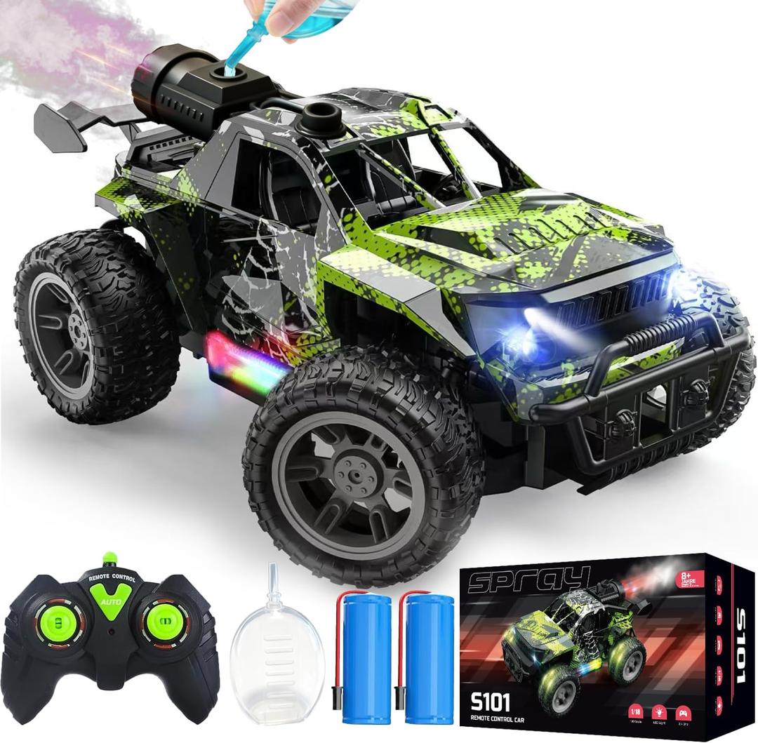 WRTWRT 1:18 RC Monster Truck for Boys, Kids 4-7-8-12All-Terrain Off-Road Remote Control Car with LED Lights & Spray, 40 Min Playtime, 2.4GHz Fast Response Graffiti RC Truck Jeep Toy
