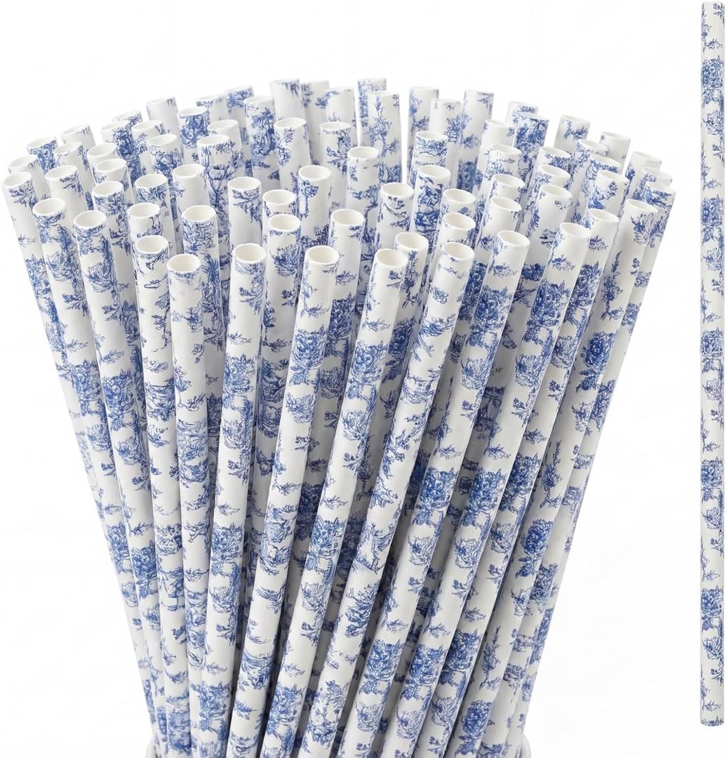 Honeydak 50 Pieces Blue and White Floral Reusable Straws Bulk 9" Floral Hard Plastic Drinking Straws for Beverage Cocktail Mason Jar Tumbler Birthday Wedding Tea Party Supplies