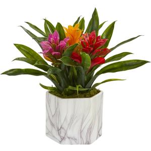 Nearly Natural Bromeliad Artificial Plant in Marble Finished Vase
