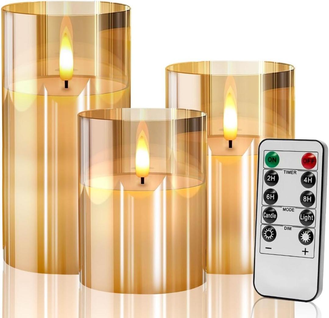 Gold Glass Flameless Candles Flickering with Remote, Timer, Battery Operated Moving Wick Realistic Warm Light Real Wax LED Candles for Party, Wedding, Festival Tabletop Decoration - Set of 3