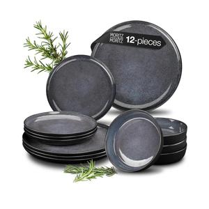 VIDA 12-Piece Porcelain Dinnerware Plate Set for 4 | Includes 4 Dinner Plates, 4 Dessert Plates, 4 Bowls | Modern Blue Ceramic Tableware, Stoneware Look, Microwave & Dishwasher Safe Dishes